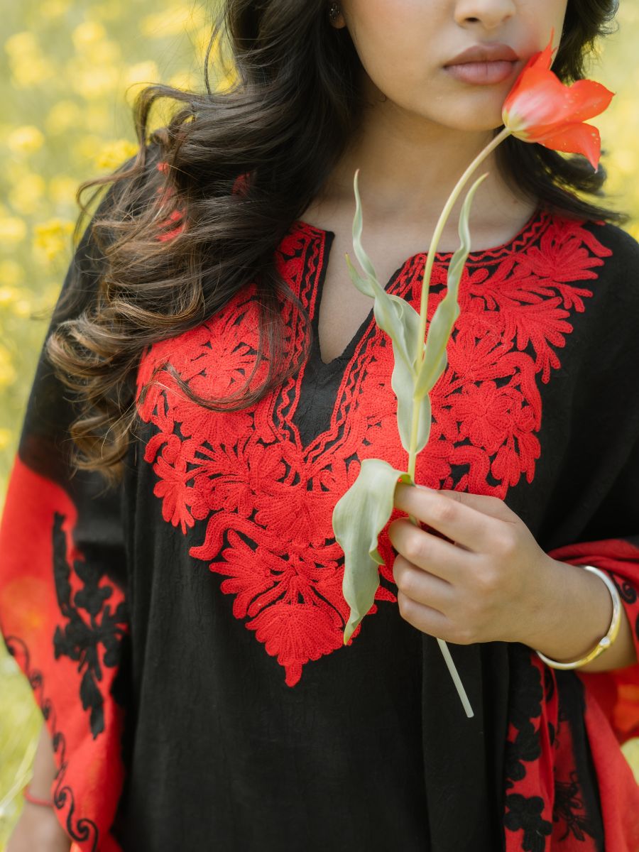 Midnight Noir Cotton Kaftan with Scarlet Flame Aari Embroidery - KaarKash